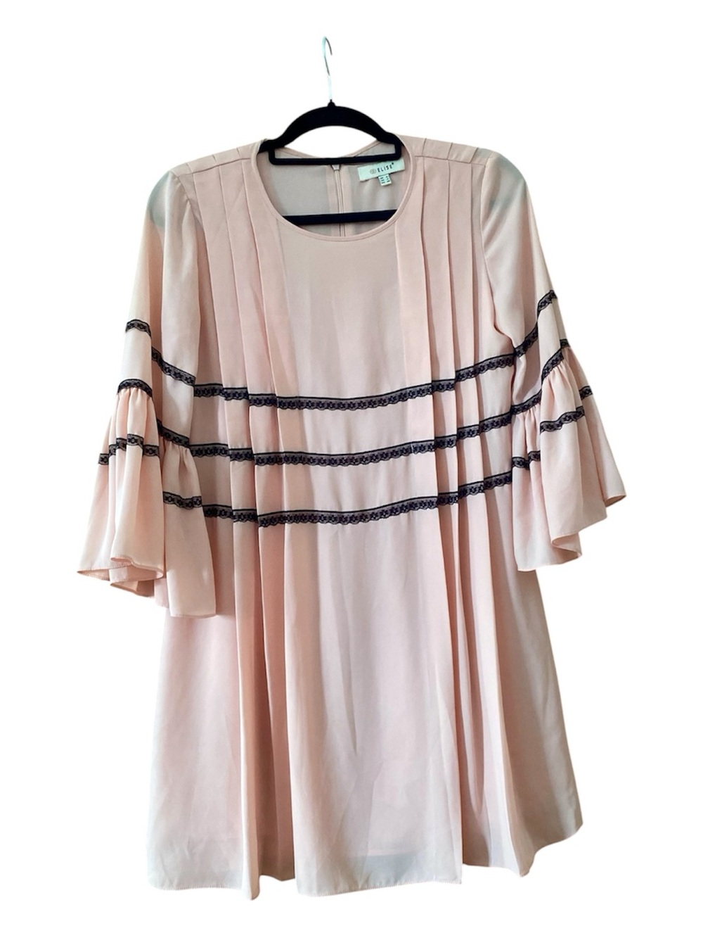 Elise Pink Black Lace Trim Pleated Bell Sleeve Shift Dress Size S
